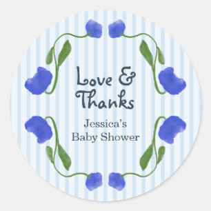 Floral Blue Cute Love and Thanks Baby Shower Classic Round Sticker