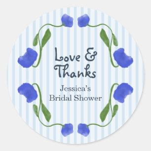 Floral Blue Cute Love and Thanks Bridal Shower Classic Round Sticker
