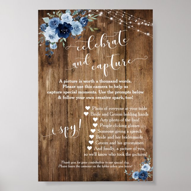 Floral Blue Disposable Camera Instructions Sign (Front)