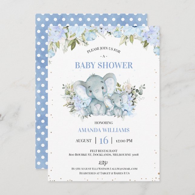 Floral Blue Elephant and Calf Boys Baby Shower Invitation (Front/Back)