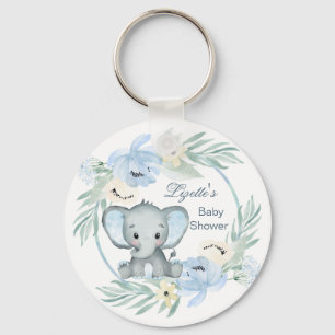 Floral blue Elephant Baby Shower Button Keychain