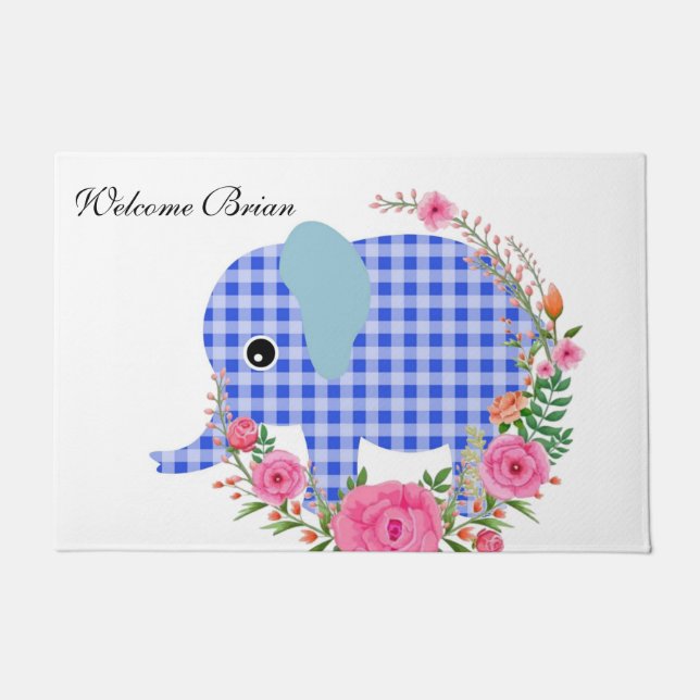Floral Blue Elephant  Door Mat (Front)