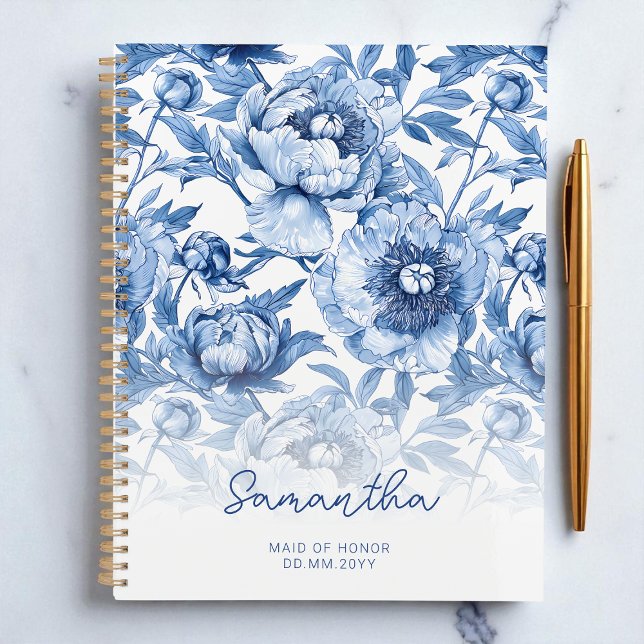  Floral Blue Flower Pattern Script Maid of Honour Planner (Floral Blue Flower Pattern Script Maid of Honor Planner)