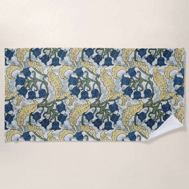 Floral Blue Flowers Lily Valley Repeating Beach Towel (Front)