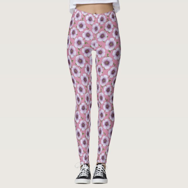 Floral Blue Garden Flower Pattern Leggings (Front)