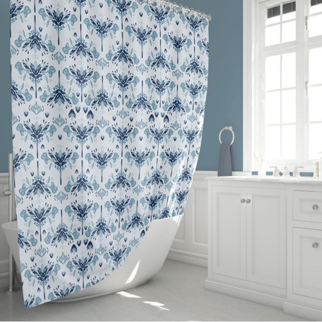 Floral Blue Geometric Shower Curtain (Blue Floral Garden Arts And Crafts Geometric Shower Curtain by Studio Posies.)