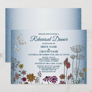 Floral Blue Glitter Wedding Rehearsal Dinner Party Invitation