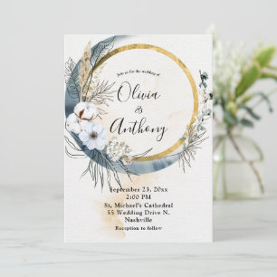 Floral Blue Gold Boho Wedding Invitation