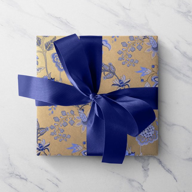 Floral Blue Gold Delicate Oriental Gold Foxier Wrapping Paper (Floral Blue Gold Delicate Oriental Gold Foxier Wrapping Paper)