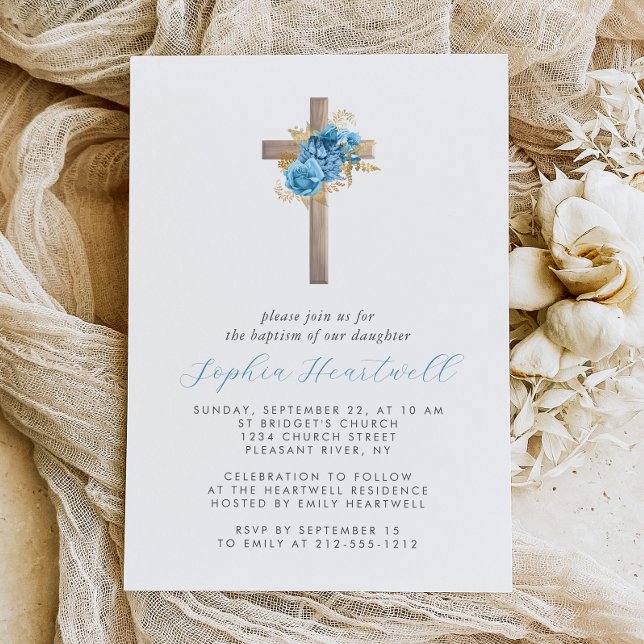 Floral Blue Gold Roses Cross Girl Baptism Invitation (Creator Uploaded)