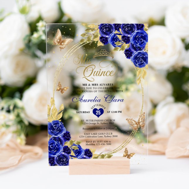 Floral Blue Gold Tiara Butterfly Mis Quinceañera Acrylic Invitations (Creator Uploaded)