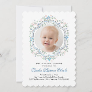 Floral Blue Green Pink Simple Baptism Invitation