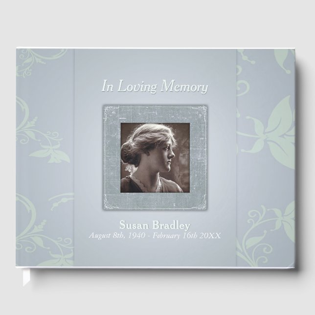 Floral Blue Grey In Loving Memory Template Guest B Guest Book (Front)