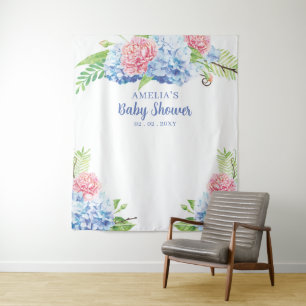 Floral Blue Hydrangea Baby Shower Backdrop Tapestry