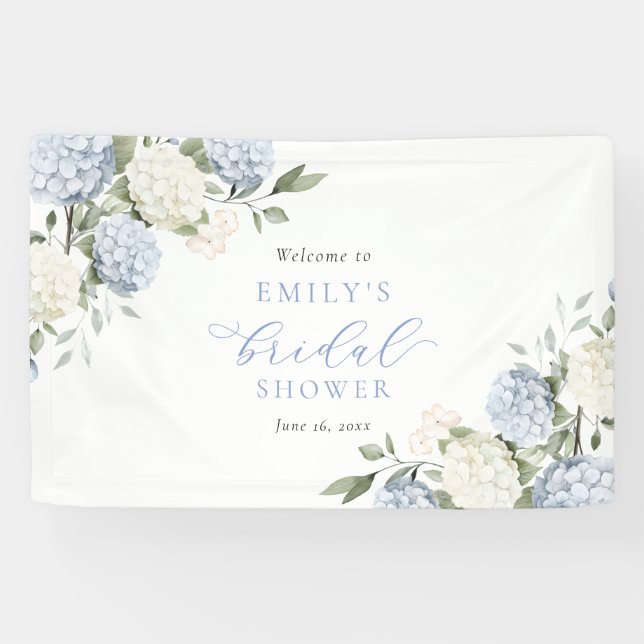 Floral Blue Hydrangea Bridal Shower Welcome Banner (Horizontal)