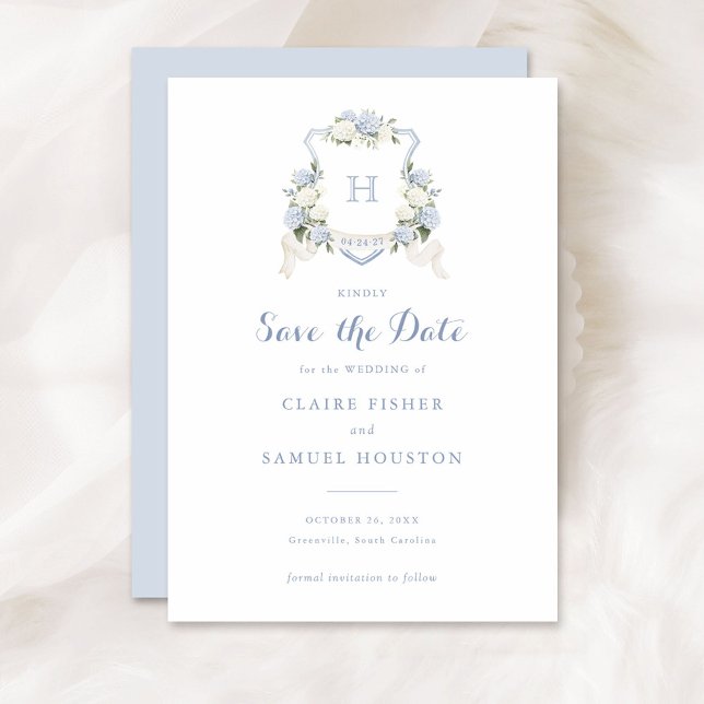 Floral Blue Hydrangea Crest Monogram Save the Date Invitation (Creator Uploaded)