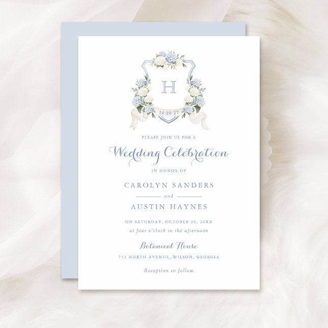 Floral Blue Hydrangea Crest Monogram Wedding Invitation (Creator Uploaded)