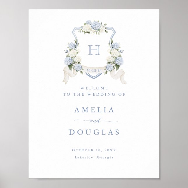 Floral Blue Hydrangea Crest Monogram Welcome Sign (Front)