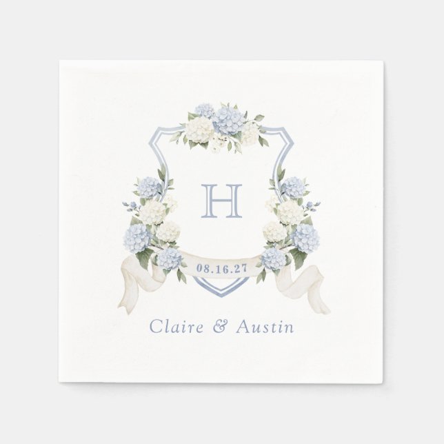 Floral Blue Hydrangea Crest Wedding Monogram Napkin (Front)