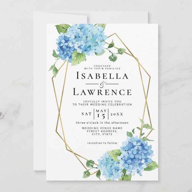 Floral Blue Hydrangea Gold Frame Wedding Invitation (Front)