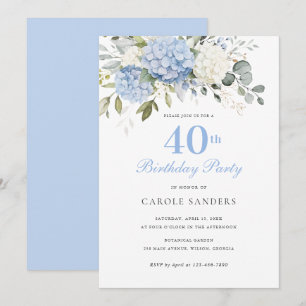 Floral Blue Hydrangea Greenery 40th Birthday Party Invitation