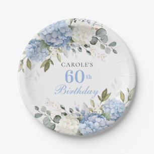 Floral Blue Hydrangea Greenery 60th Birthday Party Paper Plate