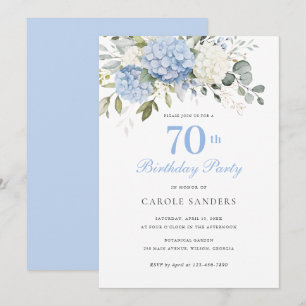 Floral Blue Hydrangea Greenery 70th Birthday Party Invitation