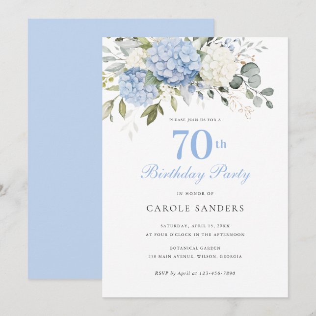 Floral Blue Hydrangea Greenery 70th Birthday Party Invitation (Front/Back)