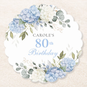 Floral Blue Hydrangea Greenery 80th Birthday Party Paper Coaster
