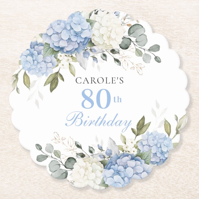 Floral Blue Hydrangea Greenery 80th Birthday Party Paper Coaster (Front)