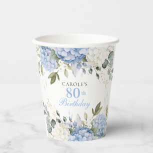 Floral Blue Hydrangea Greenery 80th Birthday Party Paper Cups