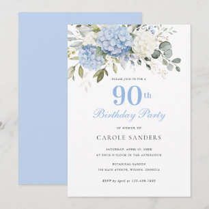 Floral Blue Hydrangea Greenery 90th Birthday Party Invitation