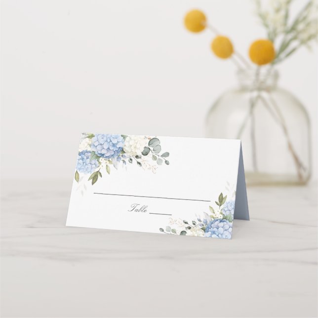 Floral Blue Hydrangea Greenery Wedding Place Card (Front)