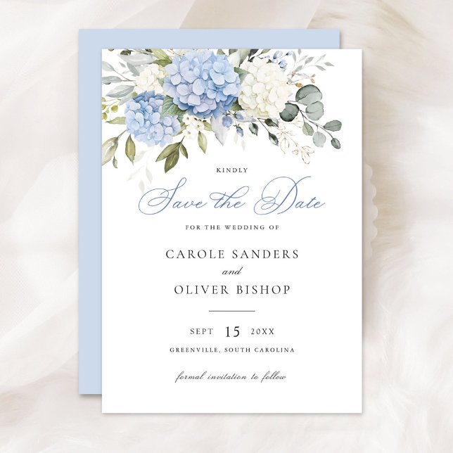 Floral Blue Hydrangea Greenery Wedding Save Date Invitation (Creator Uploaded)