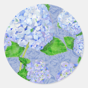 Floral Blue Hydrangea Lace Damask Pattern Wedding Classic Round Sticker