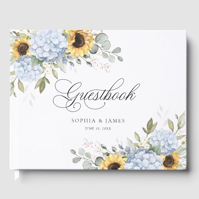 Floral Blue Hydrangea Sunflowers Greenery Wedding Guest Book (Front)