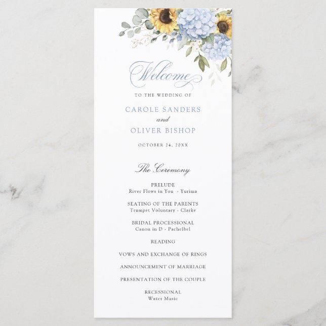 Floral Blue Hydrangea Sunflowers Wedding Program Programme (Front)