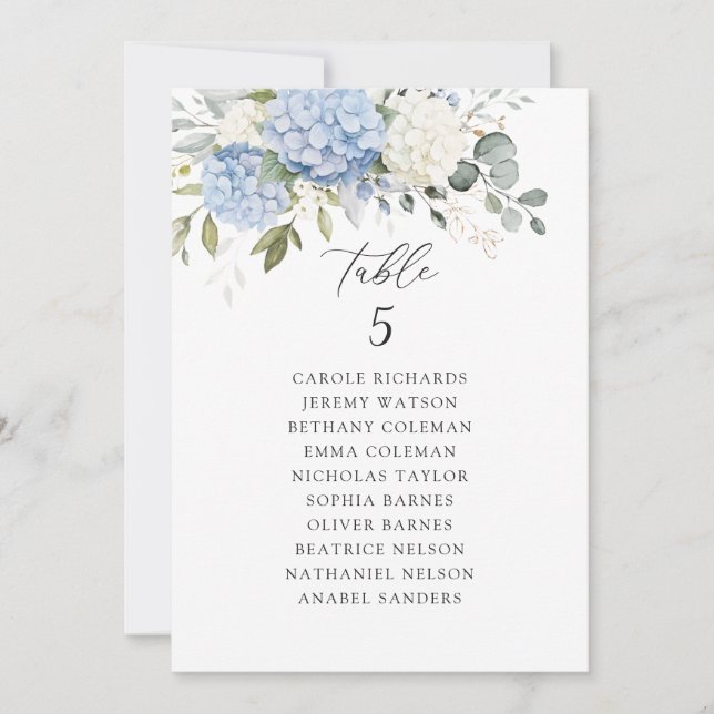 Floral Blue Hydrangea Table Seating Chart Card (Front)
