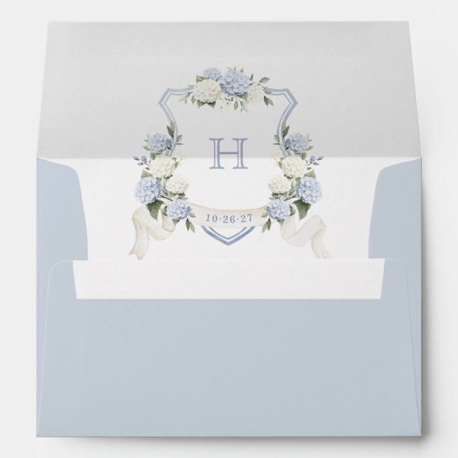 Floral Blue Hydrangea Wedding Crest Envelope (Back (Bottom))