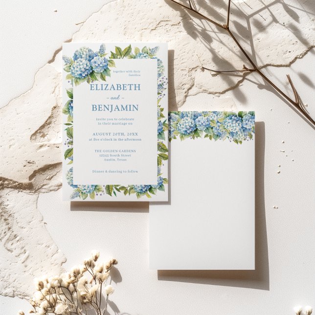 Floral Blue Hydrangeas Watercolor Wedding  Invitation (Front / Back)