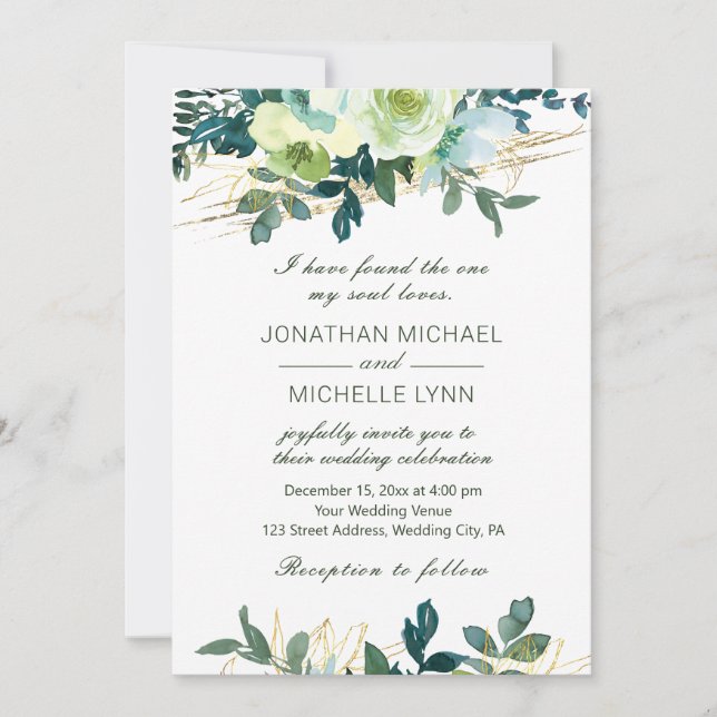 Floral Blue Ivory Gold Turquoise Christian Wedding Invitation (Front)