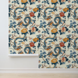 Floral Blue Japanese Dragon Elegant Wallpaper