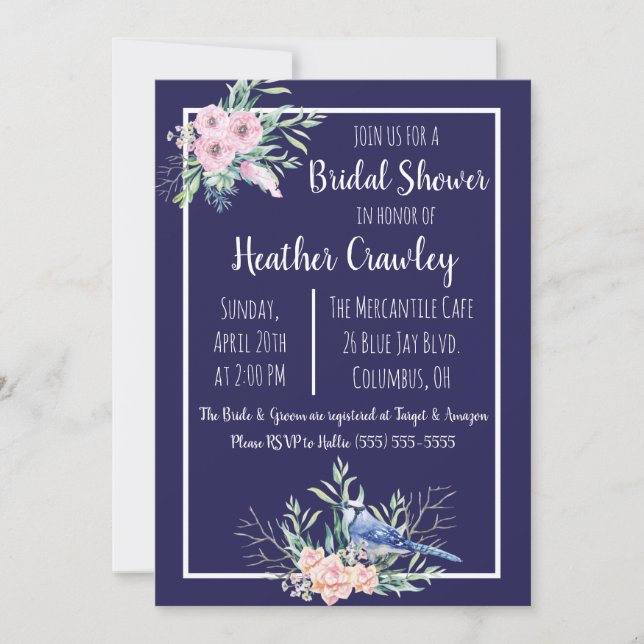 Floral Blue Jay Bridal Shower Invitation (Front)