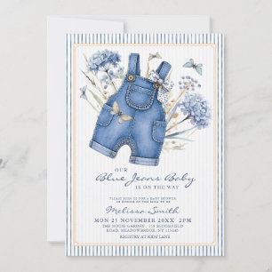 Floral Blue Jean Baby Denim Overalls Baby Shower Invitation