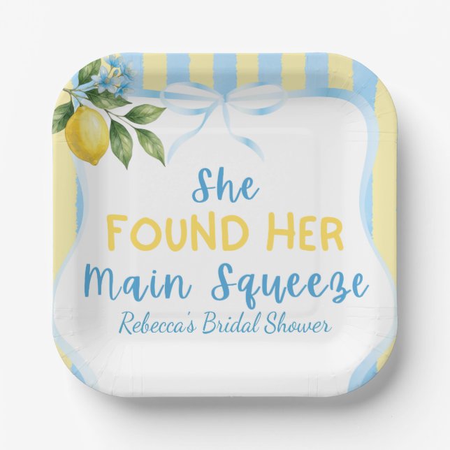 Floral Blue Lemon Main Squeeze Bridal Shower Paper Plate (Front)