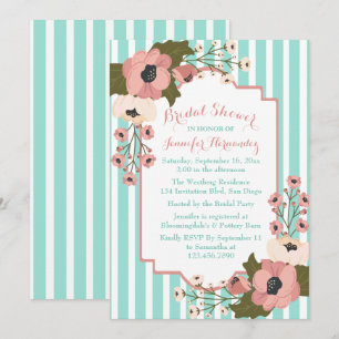 Floral Blue Mint Bridal Shower Pink Flowers Stripe Invitation