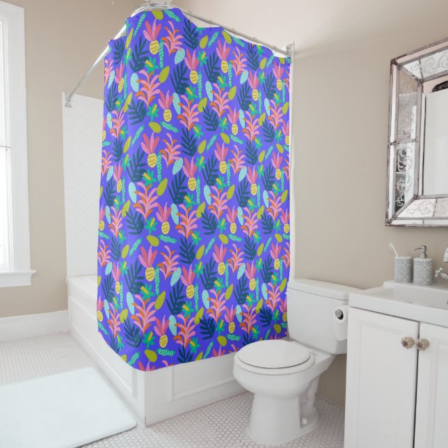 floral blue modern colourful tropical home shower curtain (In Situ)