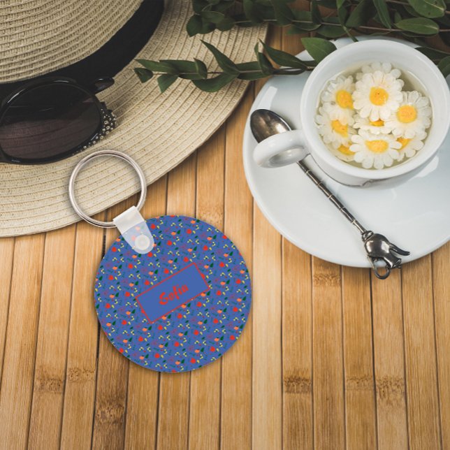 Floral blue pattern wildflowers name Keychain (Creator Uploaded)
