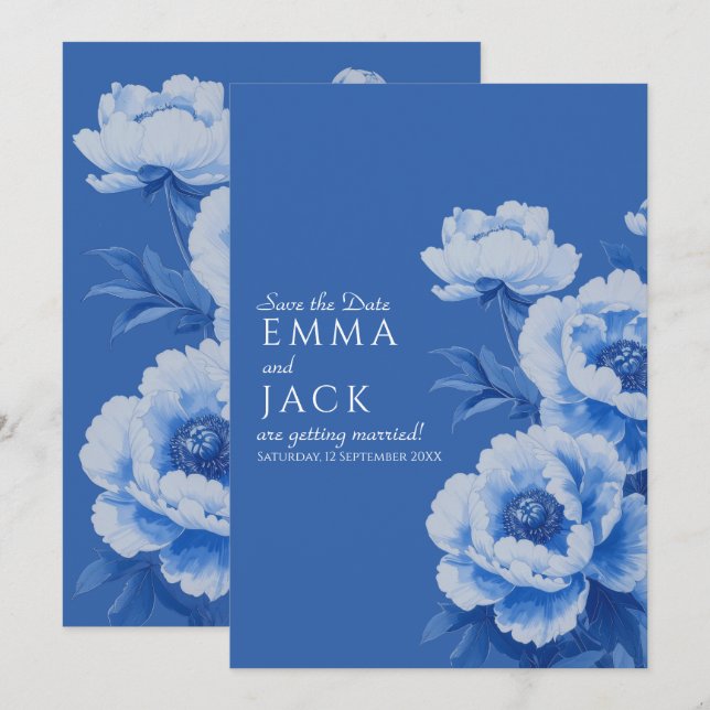 Floral Blue Peony Save the Date Wedding Invitation (Front/Back)