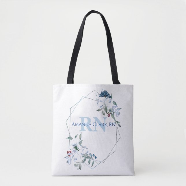Floral Blue Personalised Monogram Tote Bag (Front)